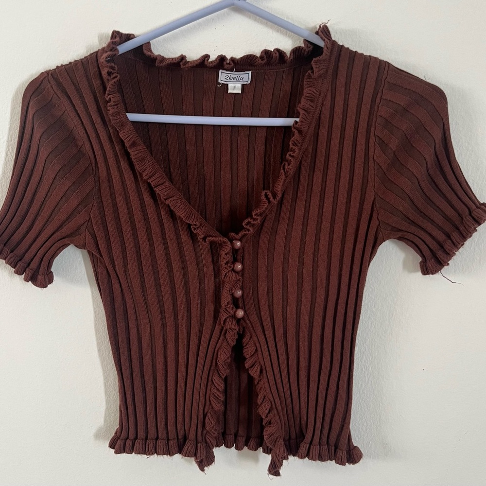 2bella Chocolate Ribbed Blouse